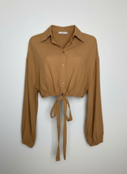 Blusa cropped manga longa bufante amarração cintura marrom - COLCCI | P