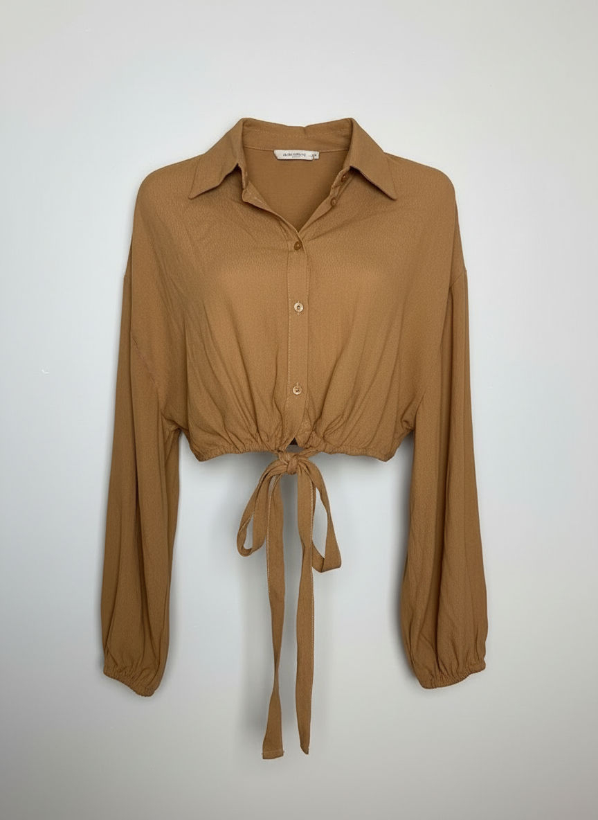 Blusa cropped manga longa bufante amarração cintura marrom - COLCCI | P