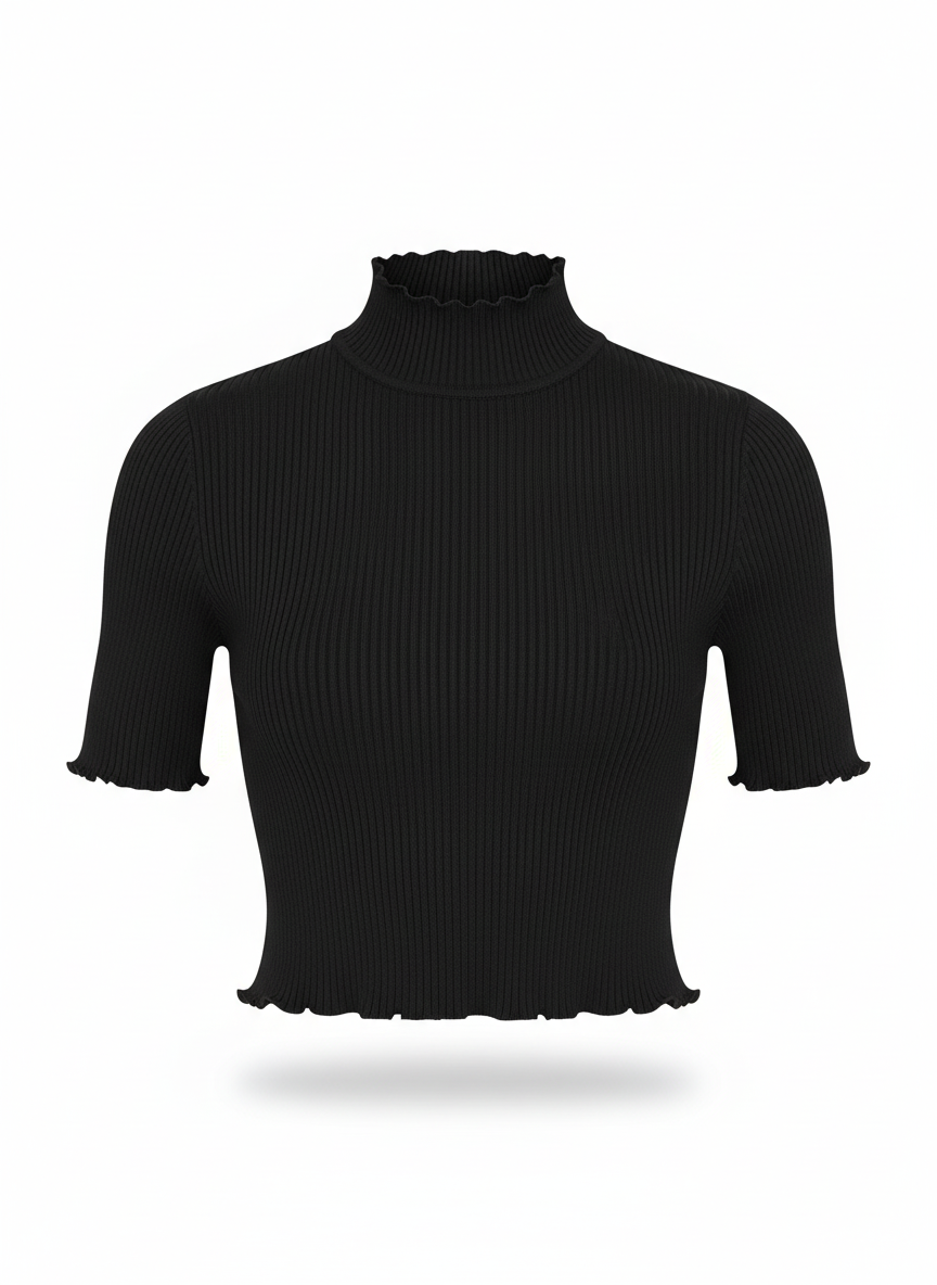 Blusa ribana canelada gola alta manga curta preta - DRESS TO | P