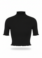 Blusa ribana canelada gola alta manga curta preta - DRESS TO | P