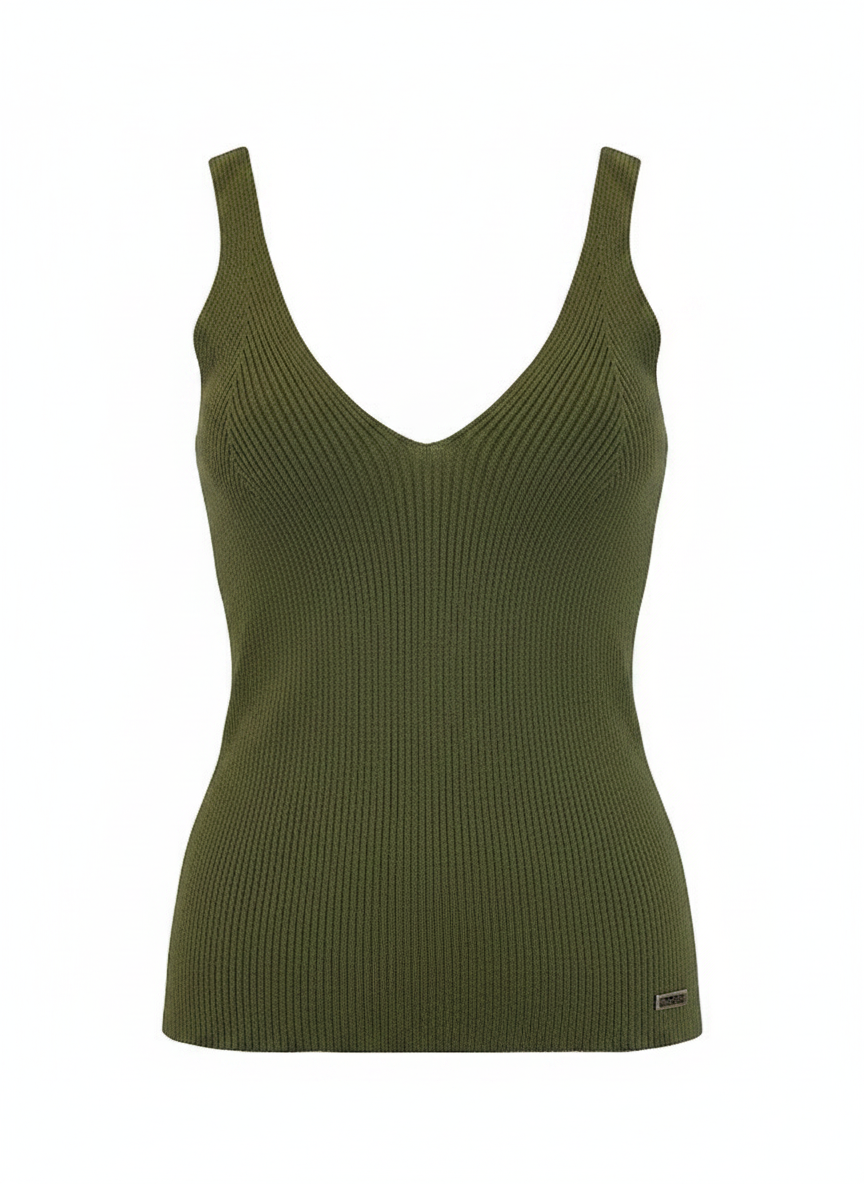 Regata tricot canelada decote v verde oliva - SKUNK | P
