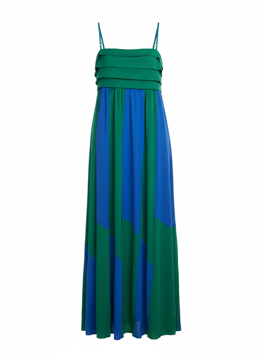 Vestido longo alça recorte verde e azul - FARM | M