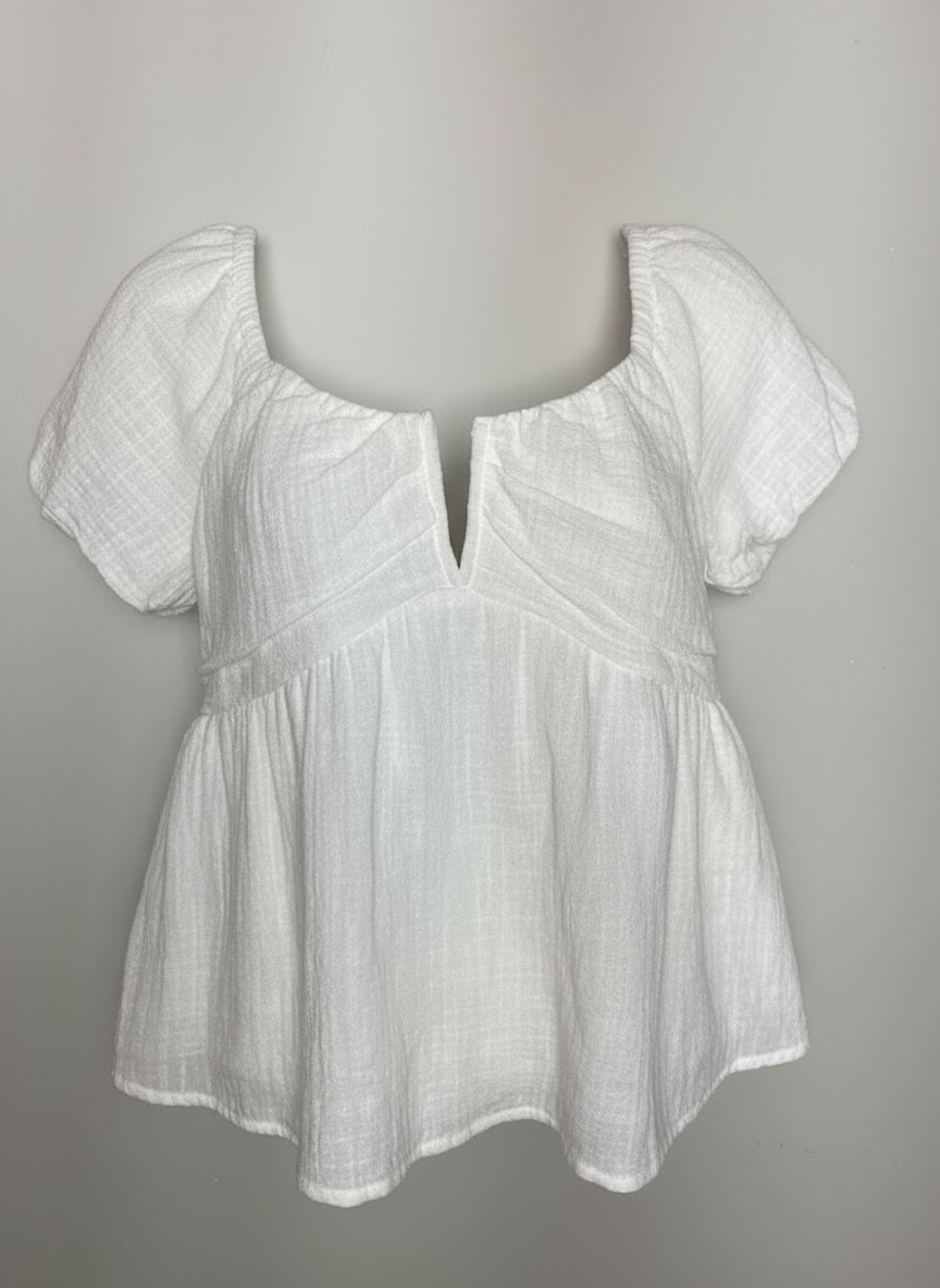 Blusa top peplum manga bufante decote estilo camponesa branca - KIRIOUS | P
