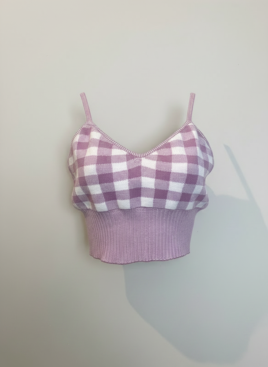 Cropped tricot xadrez decote coração lilás - CASUALLI | M