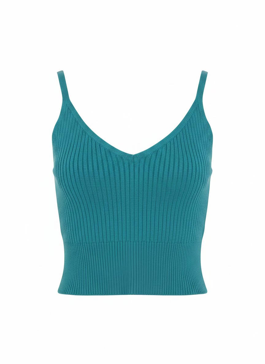 Cropped tricot canelado decote v azul - VIVIANE FURRIER | P