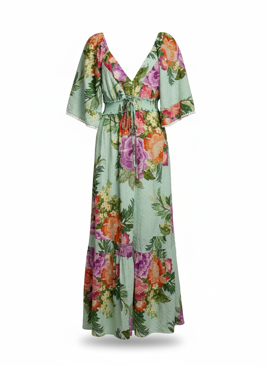 Vestido longo floral verde água - FARM | P