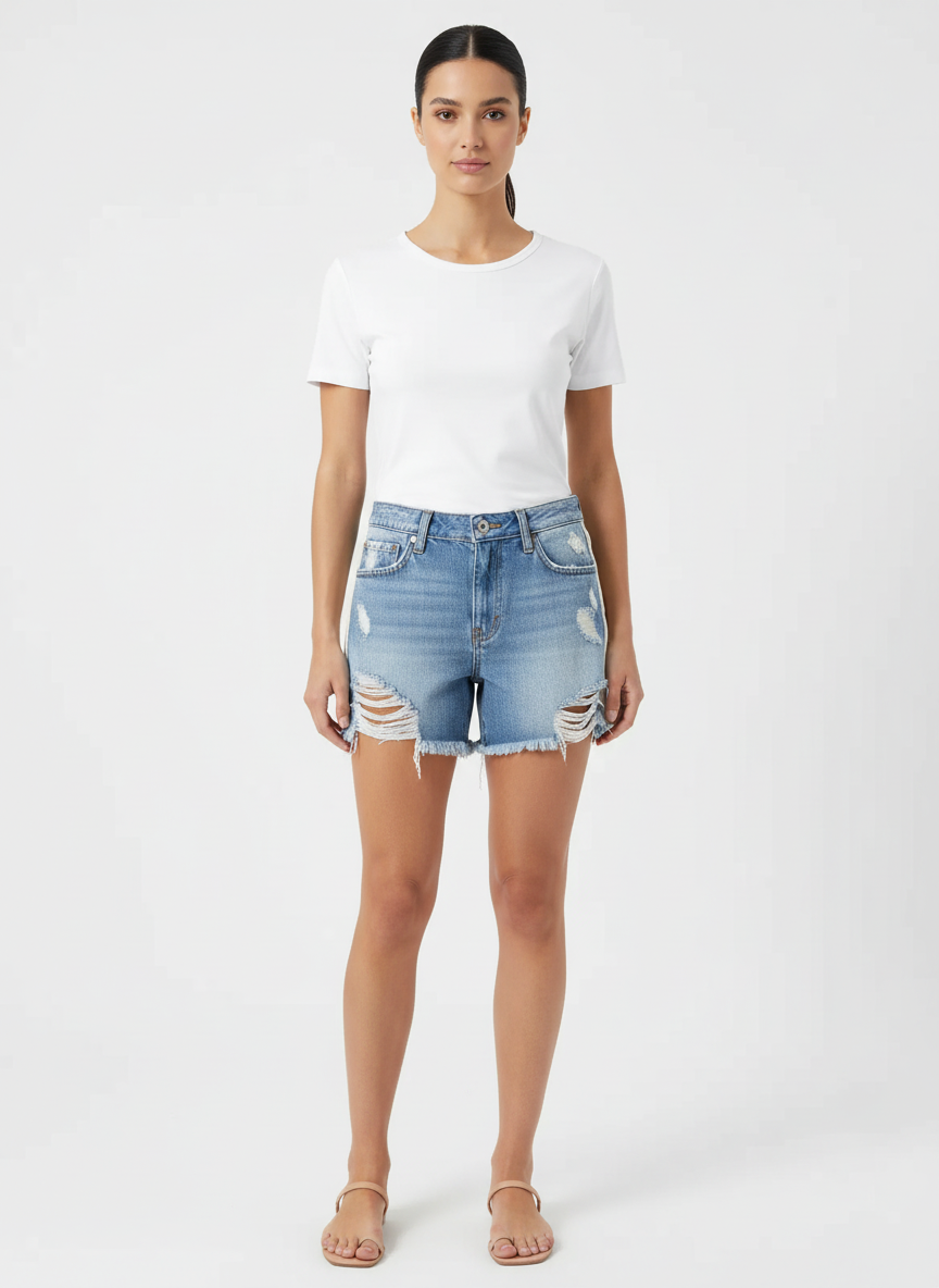 Shorts Jeans Destroyed com Faixa Lateral Branca - Canal/36
