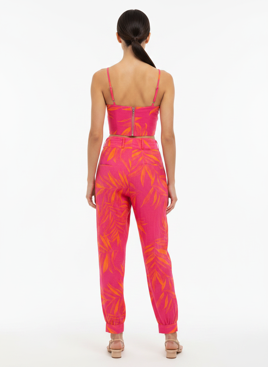 Conjunto Tropical Pantalona e Cropped Rosa Fúcsia - GATABAKANA / M