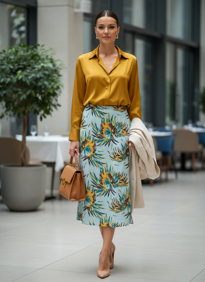 Saia Midi Estampada Tropical com Fenda Lateral - MORENA ROSA / G