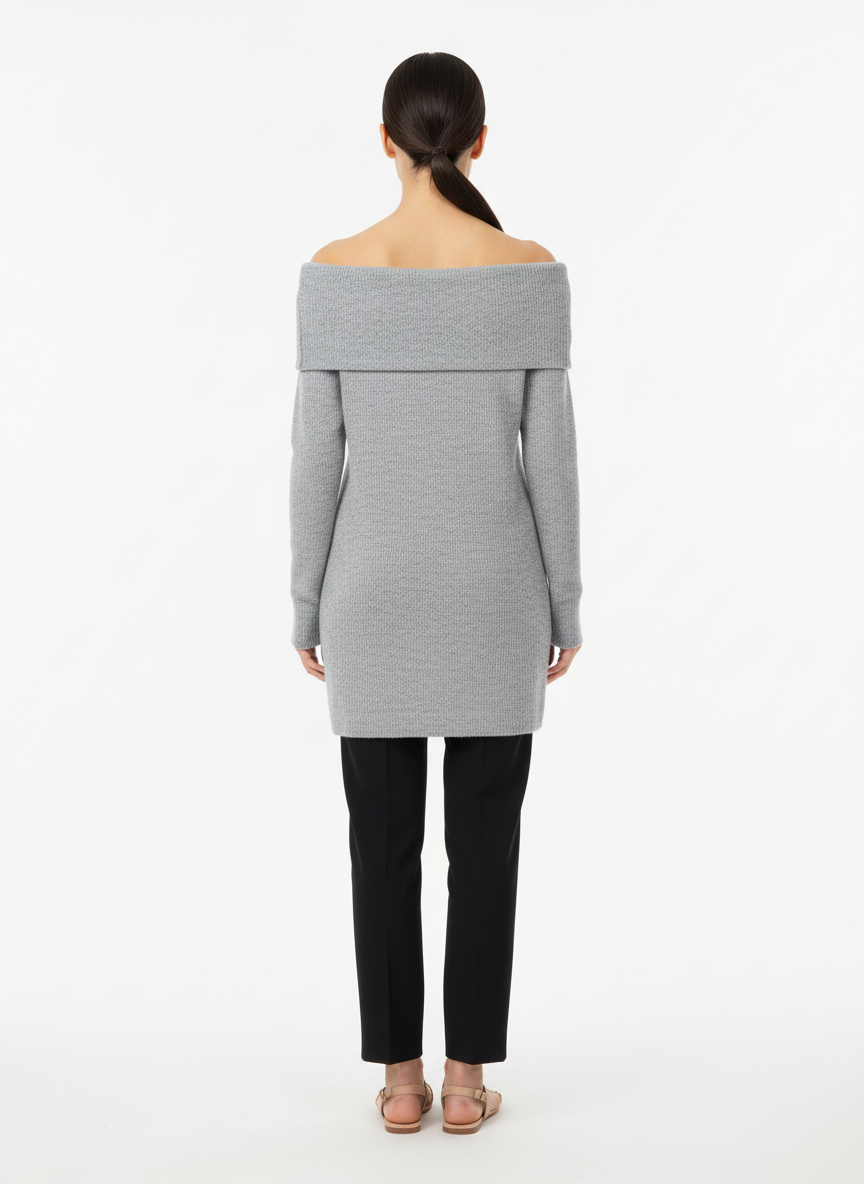 Suéter Túnica Ombro a Ombro em Tricô Cinza Claro PP Canal