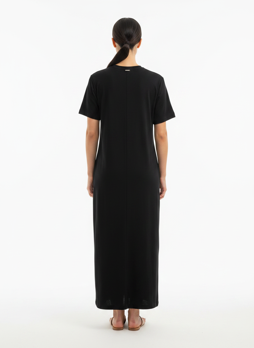 Vestido Midi Preto Gola V Confortável - BORDA BARROCA / GG
