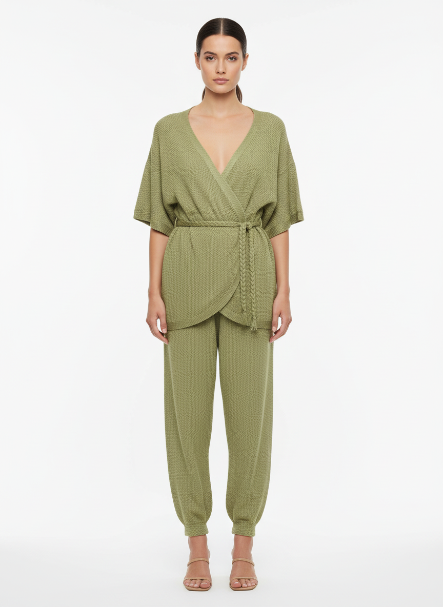 Conjunto tricot calça e blusa com amarração verde - SEM MARCA | M