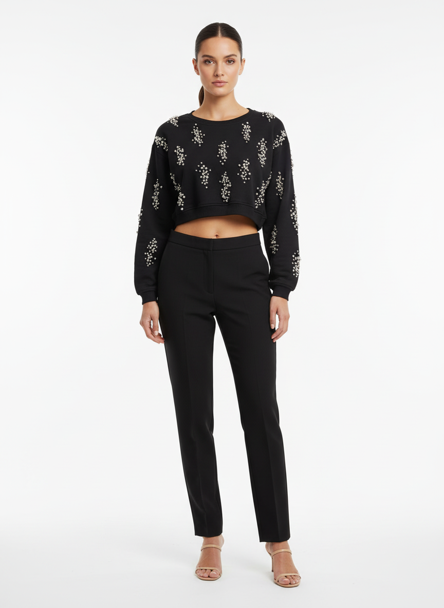 Moletom Cropped com Pedrarias Bordadas Preto - Caos/P