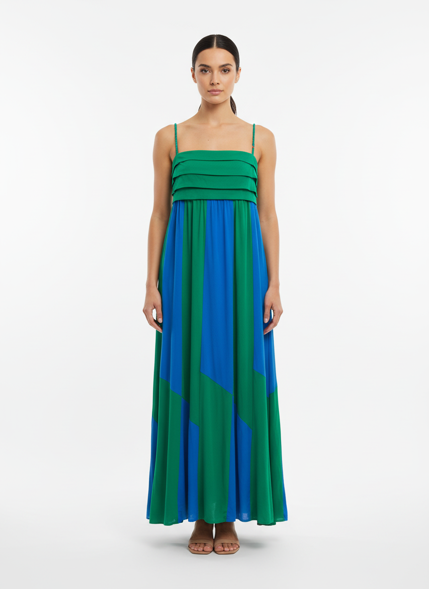 Vestido longo alça recorte verde e azul - FARM | M