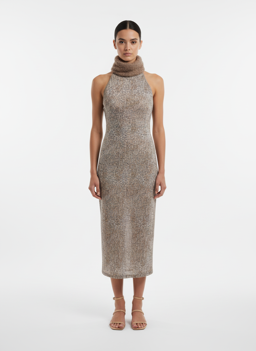 Vestido Midi halter com Gola Alta