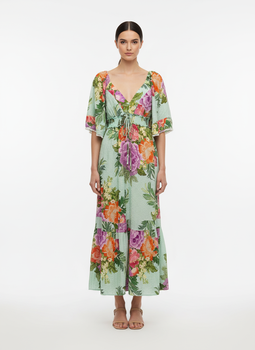Vestido longo floral verde água - FARM | P