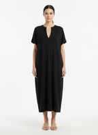 Vestido Midi Preto Gola V Confortável - BORDA BARROCA / GG