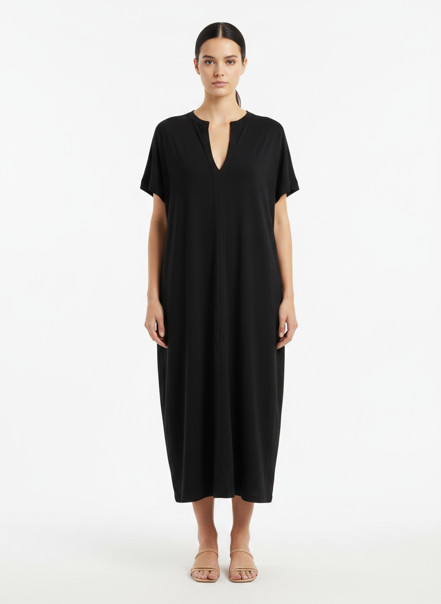Vestido Midi Preto Gola V Confortável - BORDA BARROCA / GG