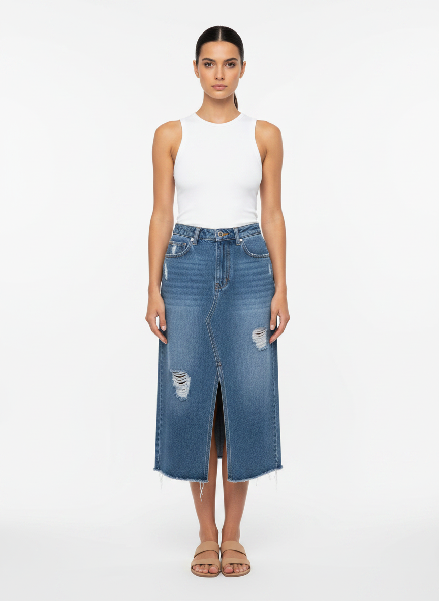 Saia Jeans Midi Destruída com Fenda Frontal - DRESS TO / 36