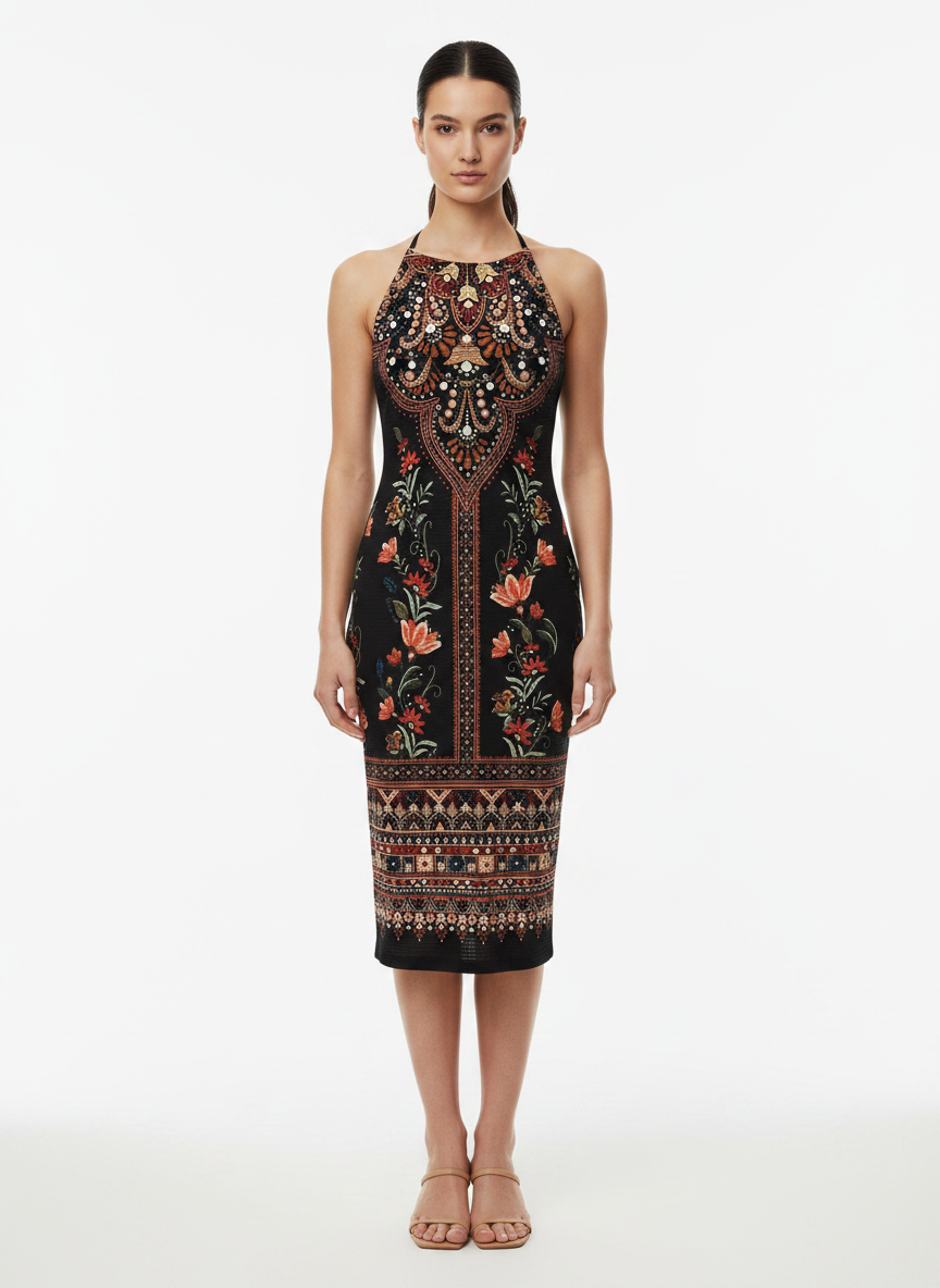 Vestido Midi Estampado Étnico Halterneck - FARM / M