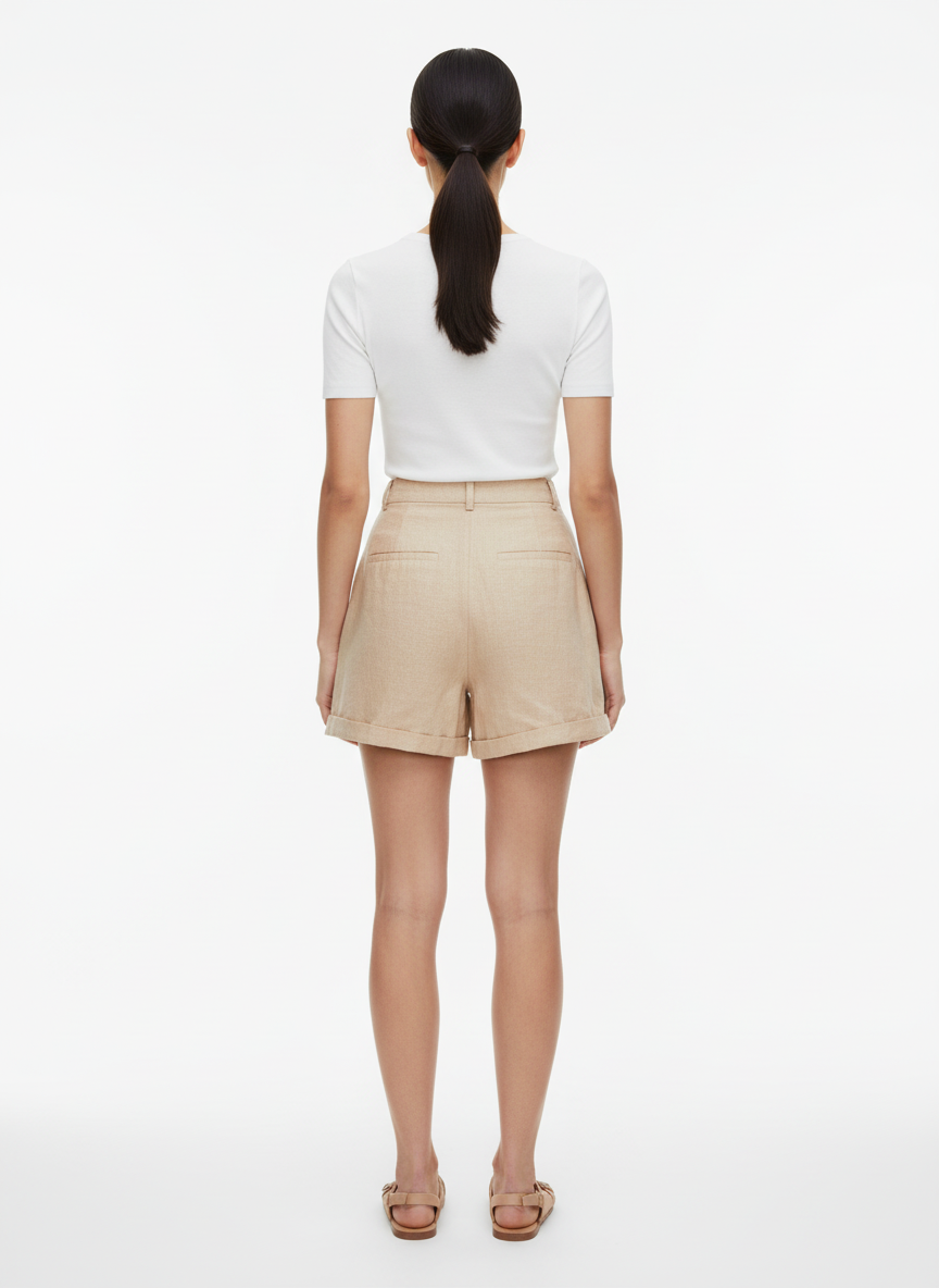 Short de Linho com Pregas Bege /P