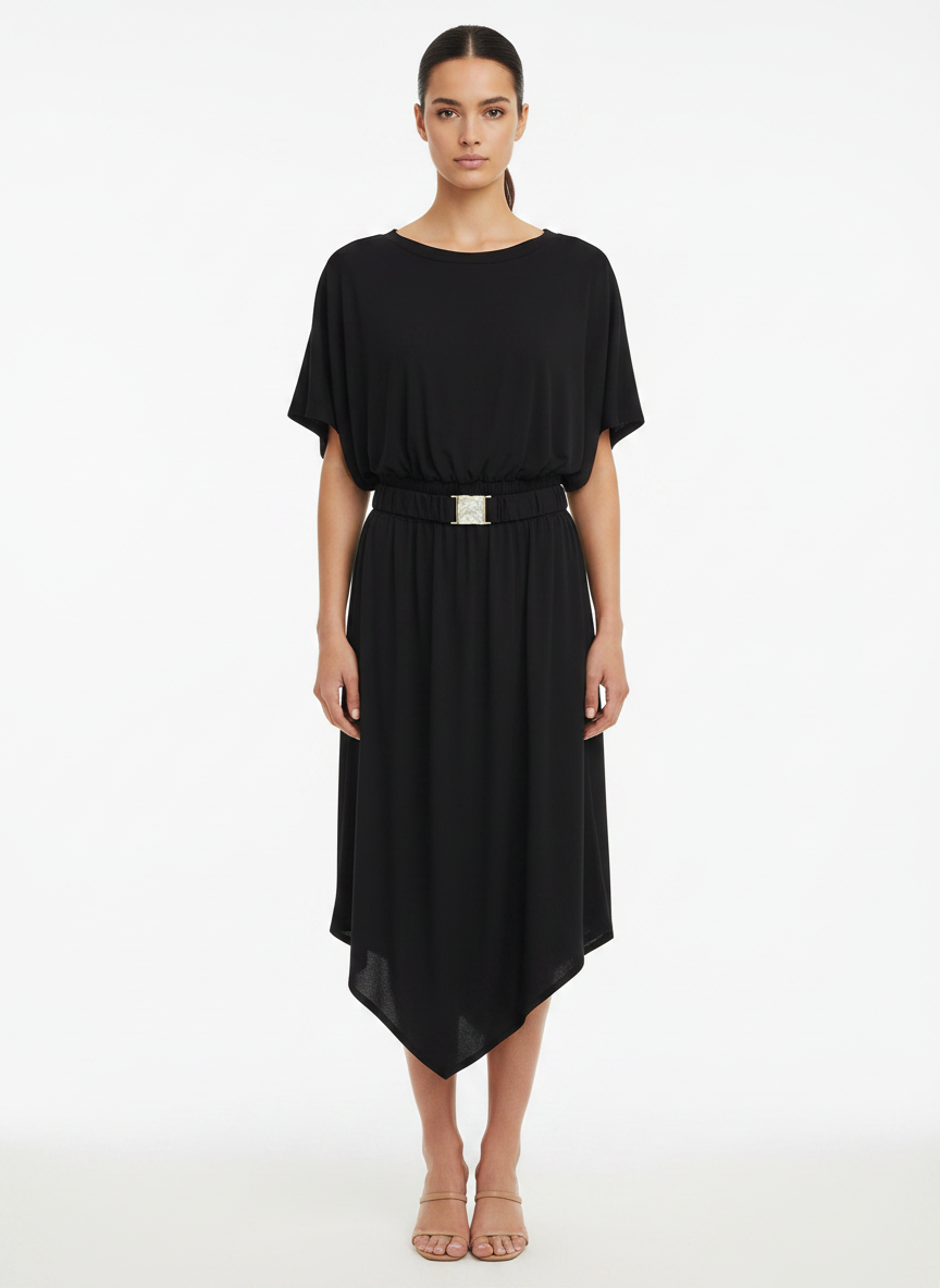 Vestido Midi Preto Manga Dolman com Cinto - ANIMALE / G