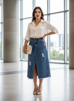 Saia Jeans Midi Destruída com Fenda Frontal - DRESS TO / 36