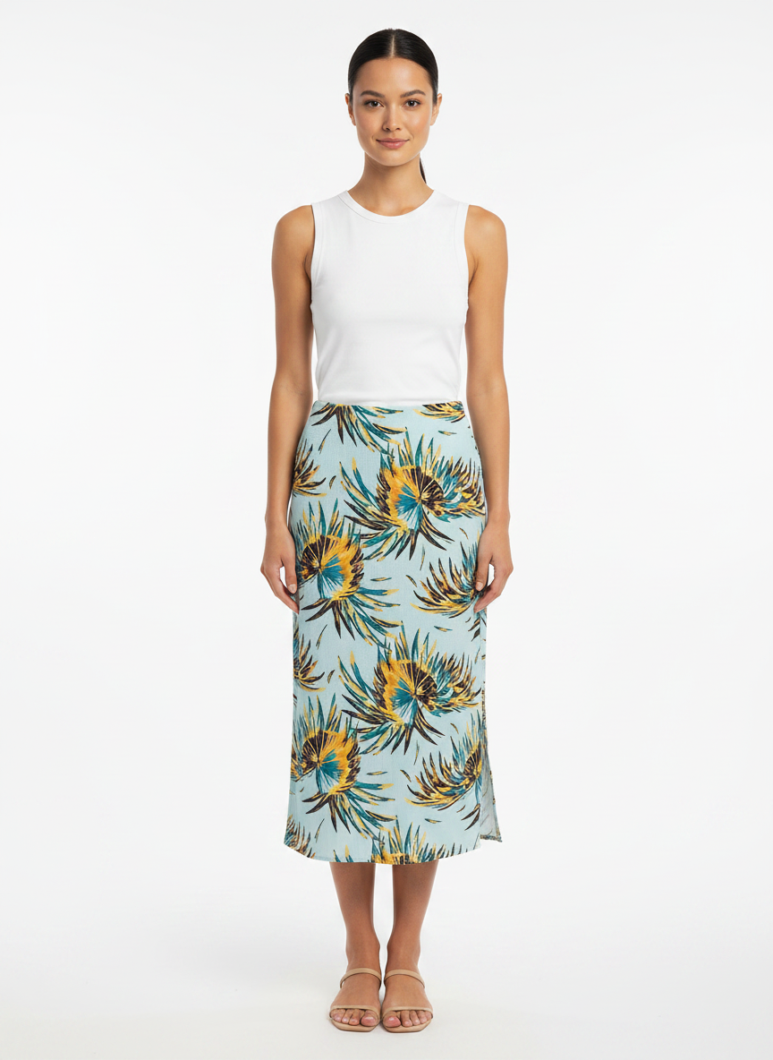 Saia Midi Estampada Tropical com Fenda Lateral - MORENA ROSA / G