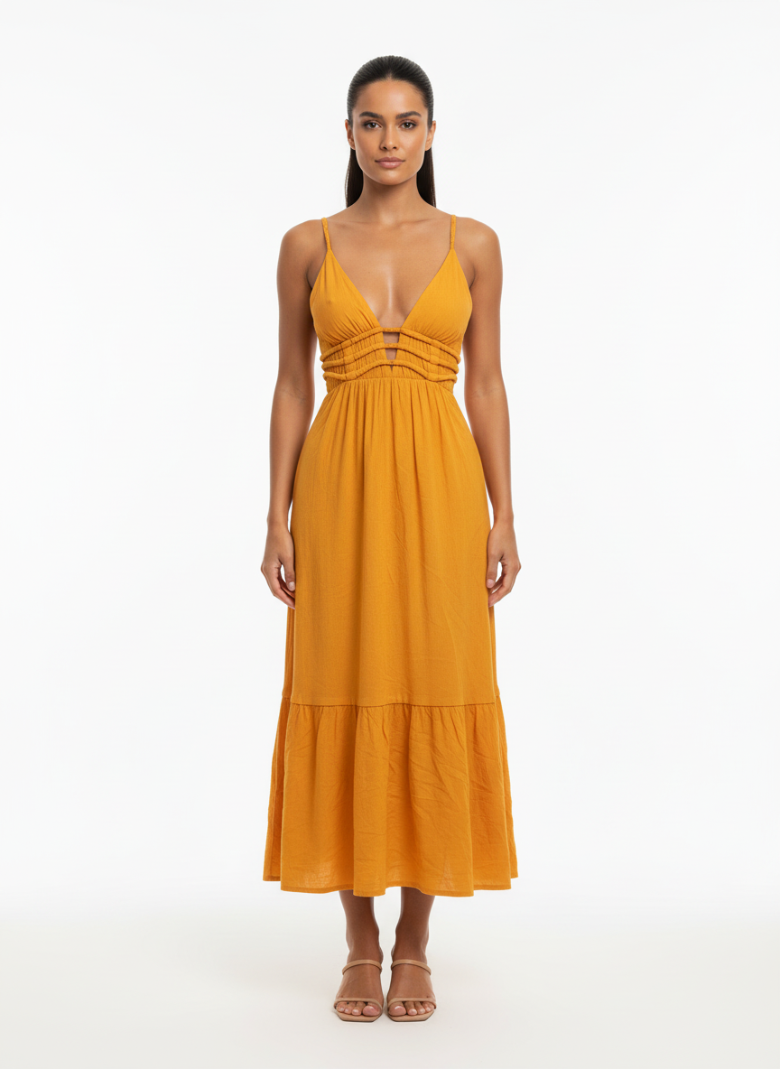Vestido Midi Laranja com Decote
