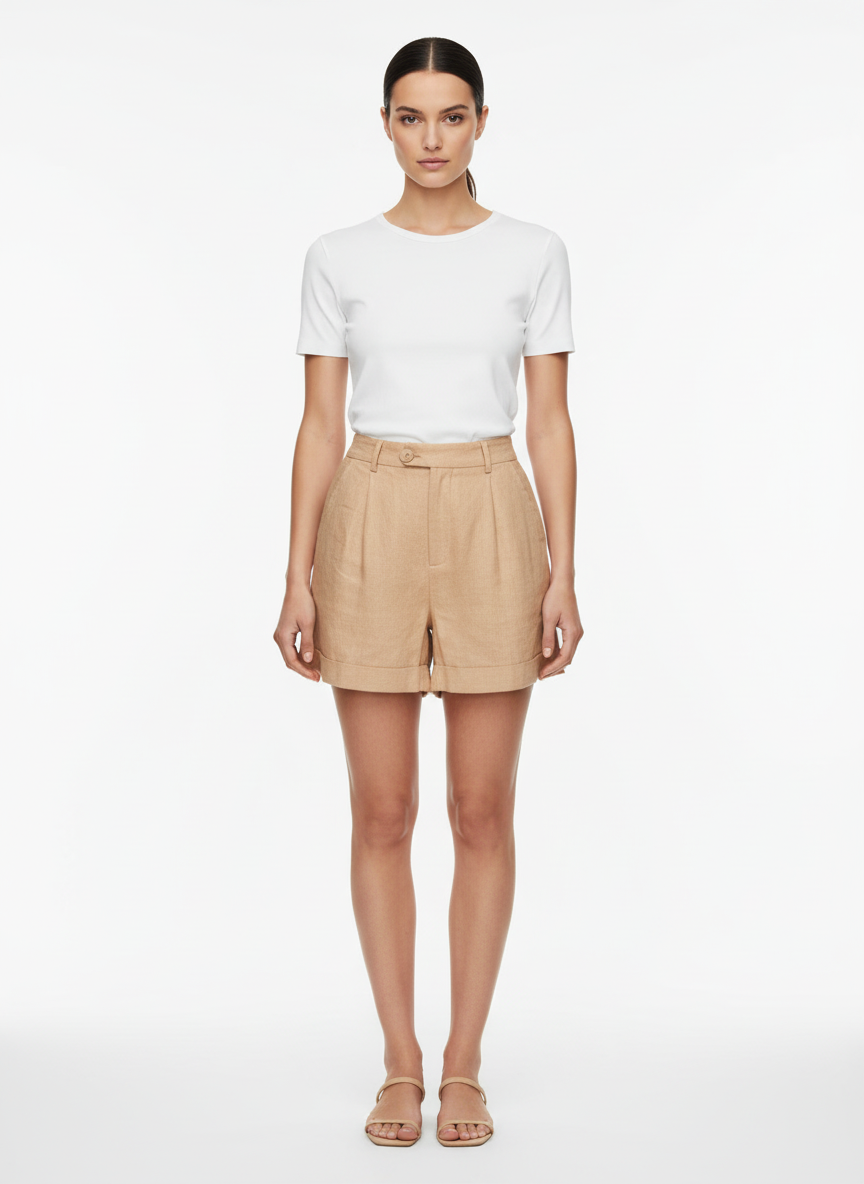 Short de Linho com Pregas Bege /P
