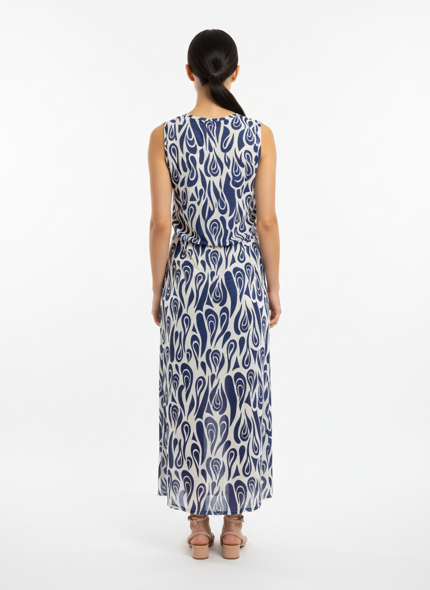 Vestido longo sem manga estampa gotas franzido laterais - LUCIDEZ | M