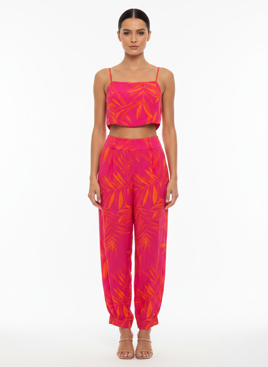 Conjunto Tropical Pantalona e Cropped Rosa Fúcsia - GATABAKANA / M
