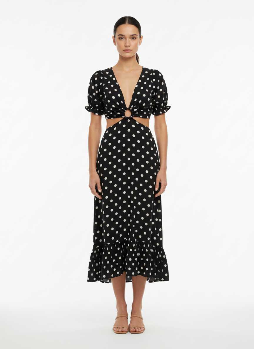 Vestido Midi Poá com Recortes - U