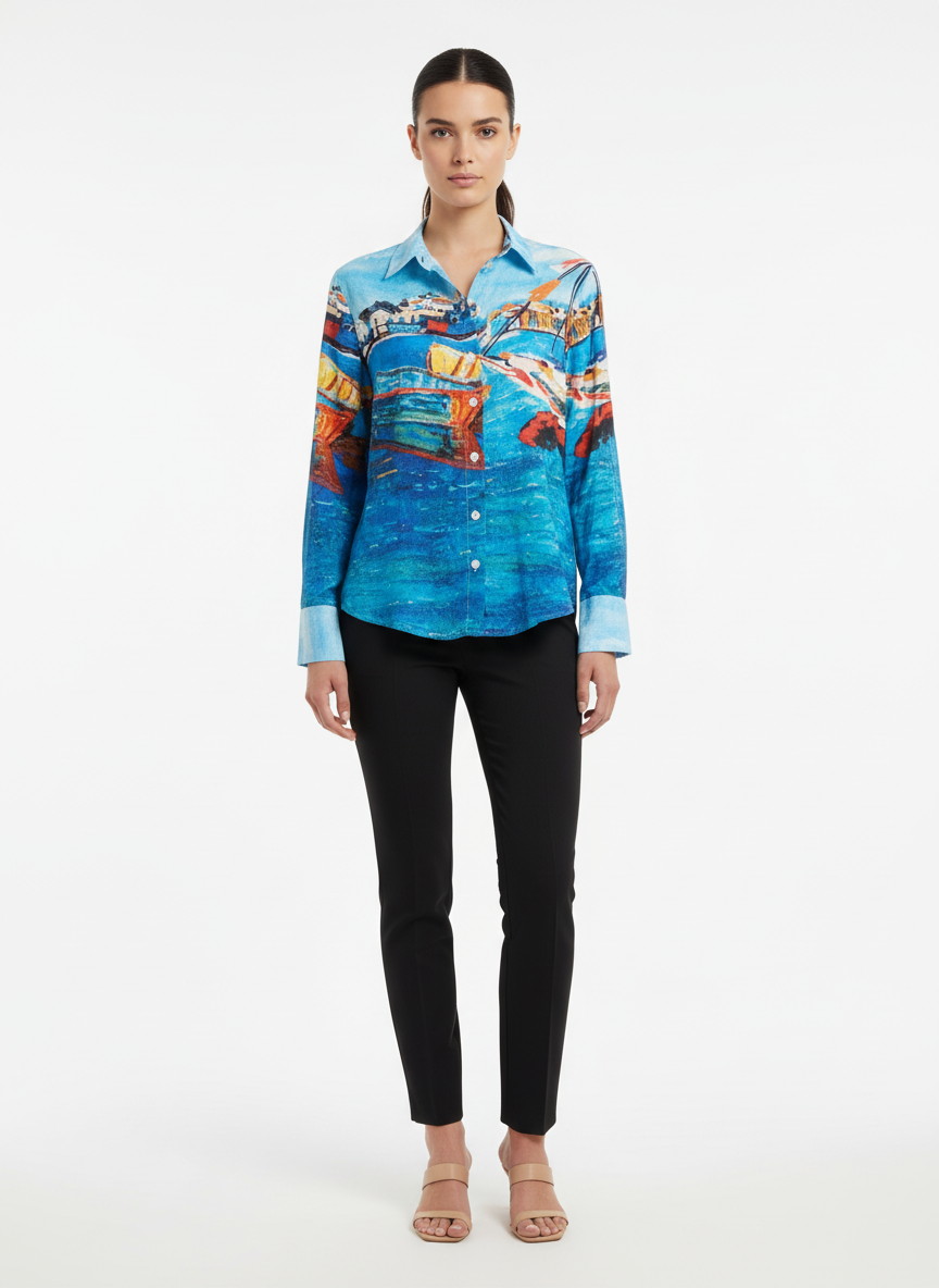Blusa Estampada Cenário Costeiro Manga Longa - Borda Barroca / 38