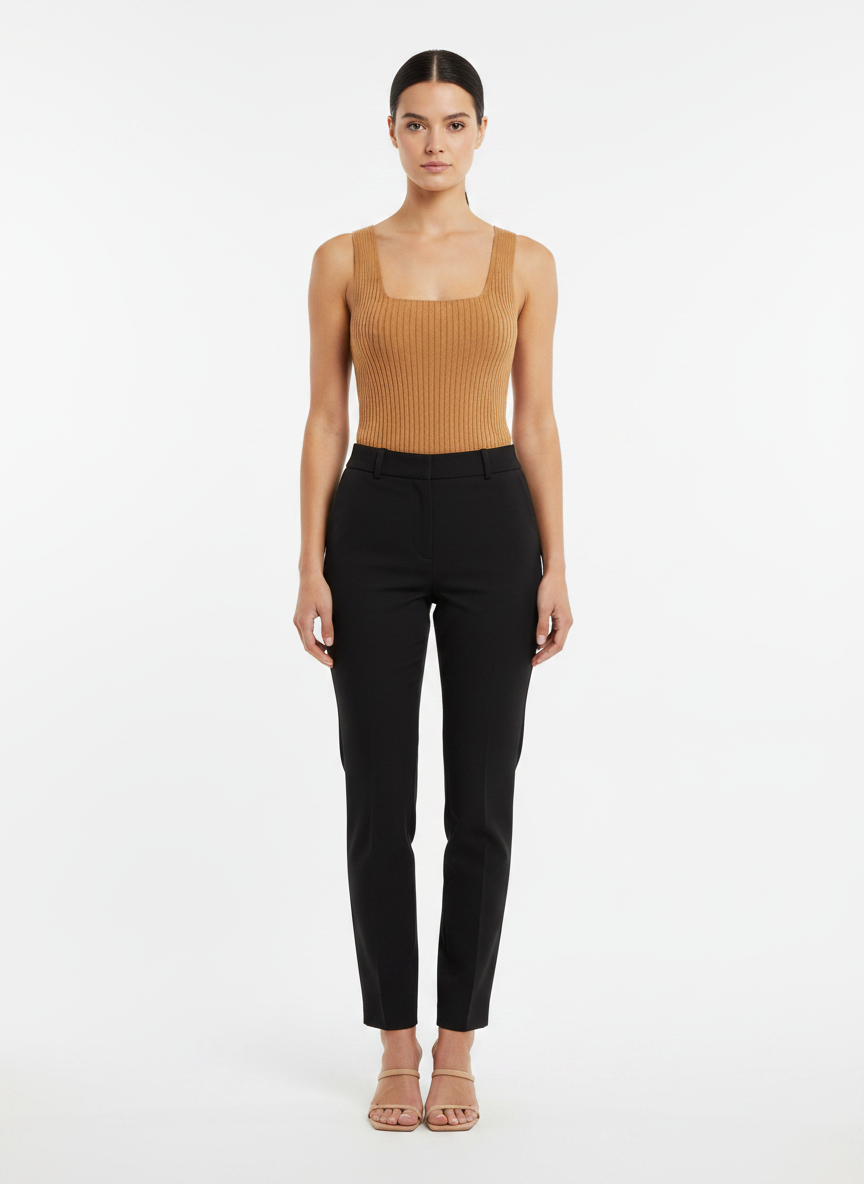 Regata tricot canelado decote quadrado marrom camelo - AMBICIONE | P