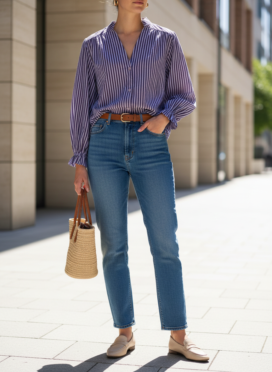 Camisa Feminina Listrada Gola V Casual Chic - ANIMALE / 36