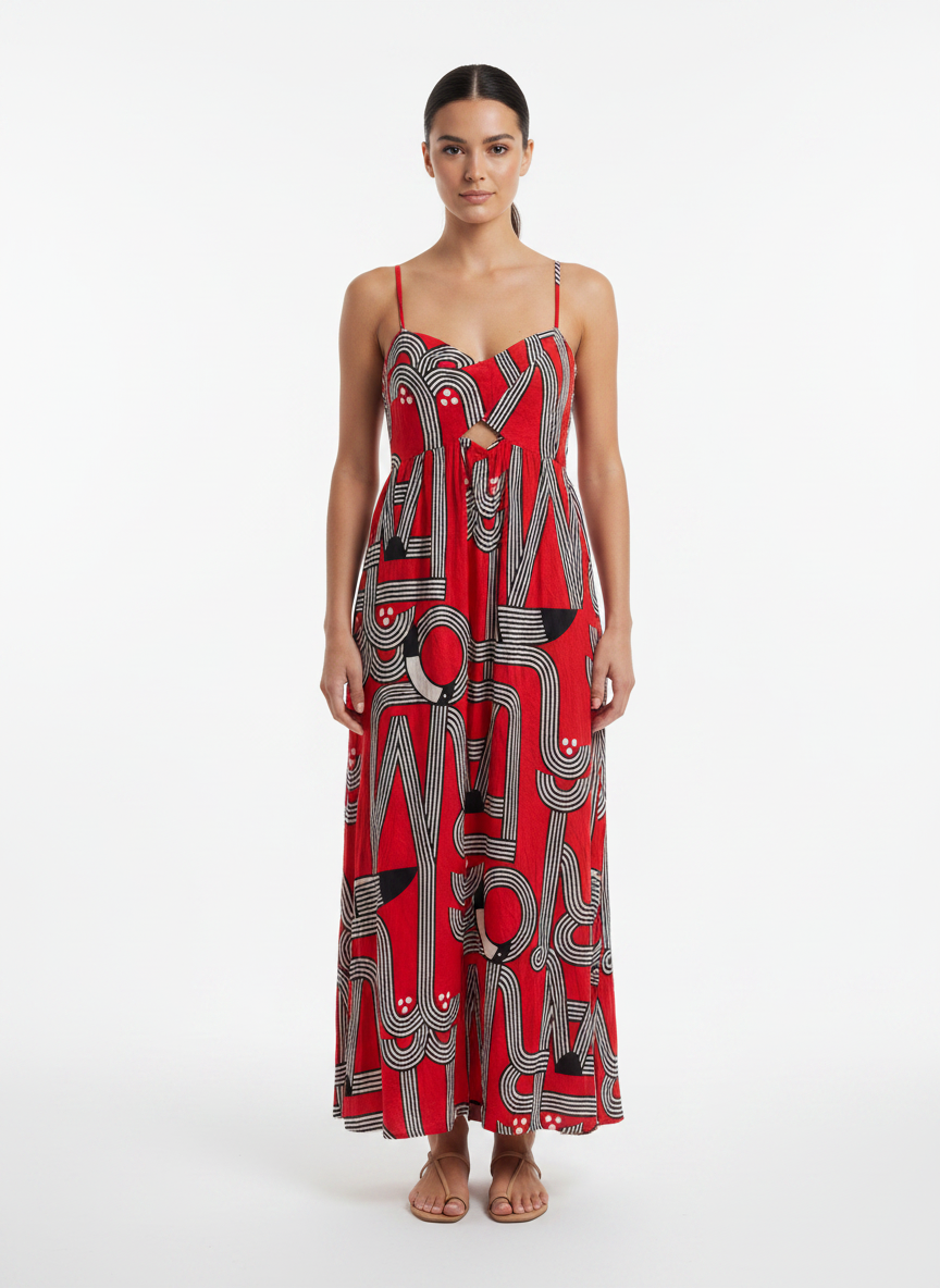 Vestido Longo Estampado com Recortes - FARM / P