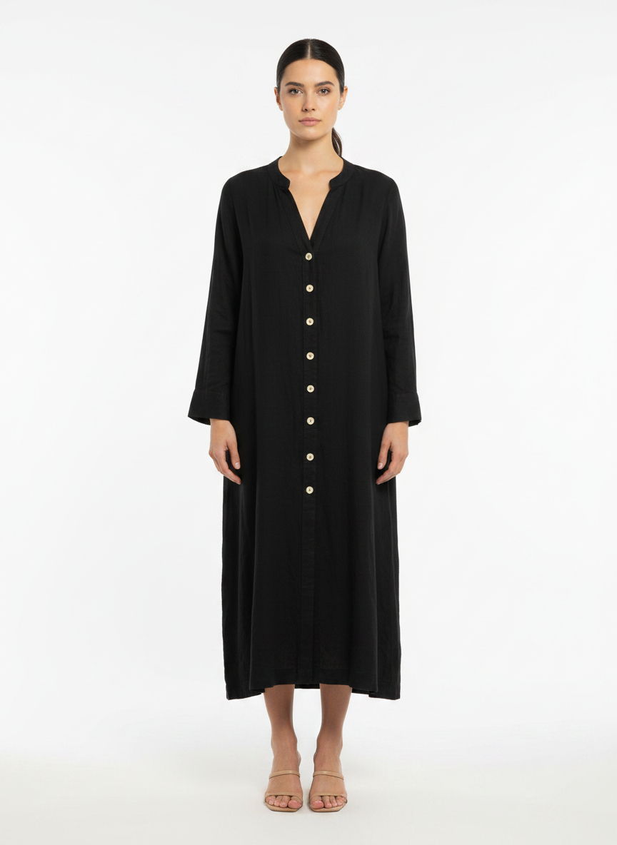Vestido Chemise Maxi Preto Liso Casual - ALPHORRIA / GG