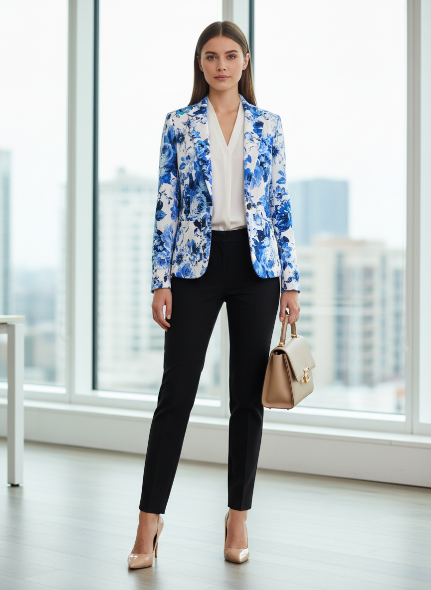 Blazer Floral Elegante Azul e Branco - COLLECTION / 40