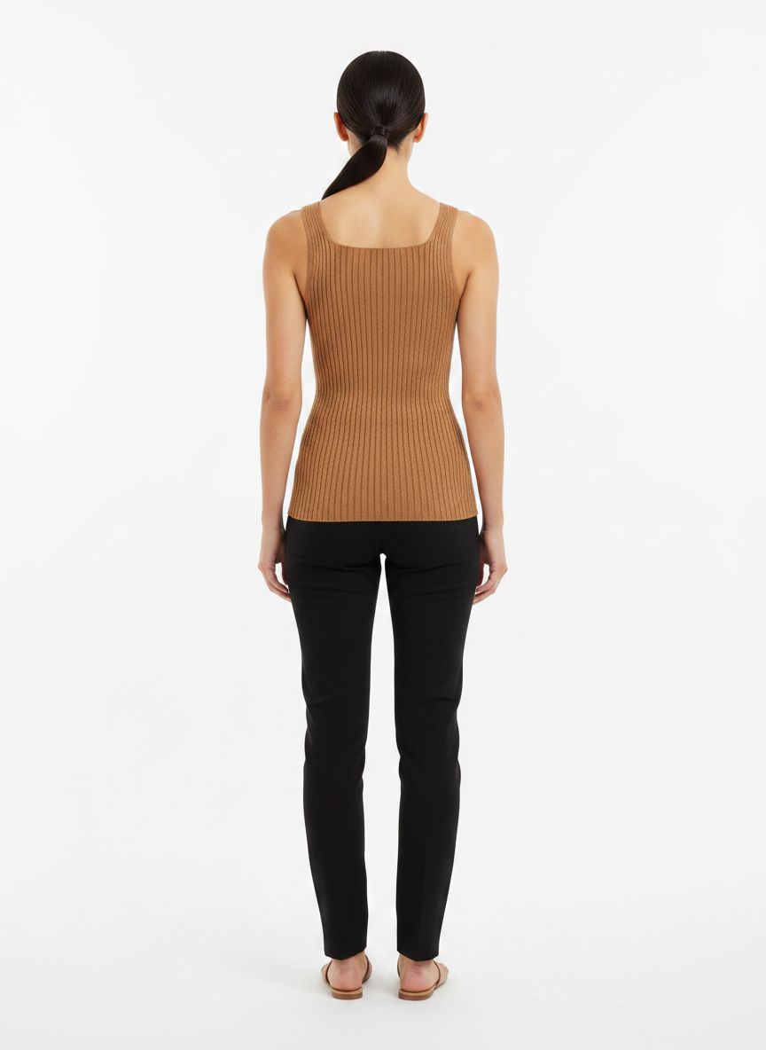 Regata tricot canelado decote quadrado marrom camelo - AMBICIONE | P