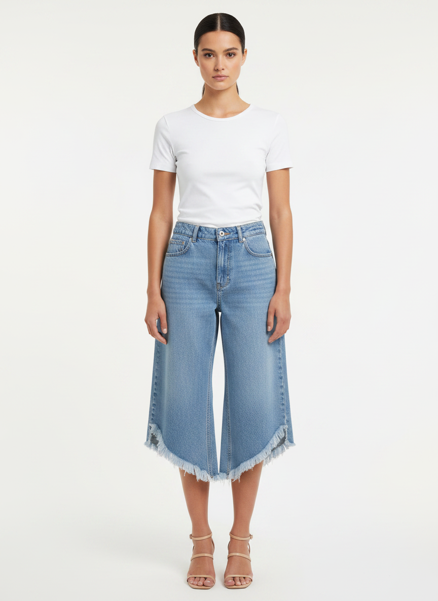 Calça Jeans Culotte Barra Assimétrica Desfiada - DRESS TO / 36
