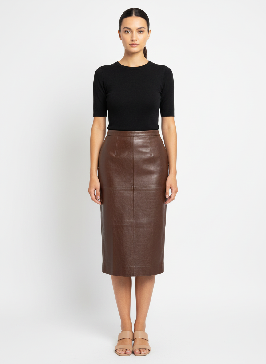 Saia lápis couro marrom - MASSIMO DUTTI | P
