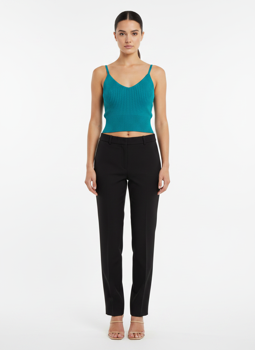 Cropped tricot canelado decote v azul - VIVIANE FURRIER | P