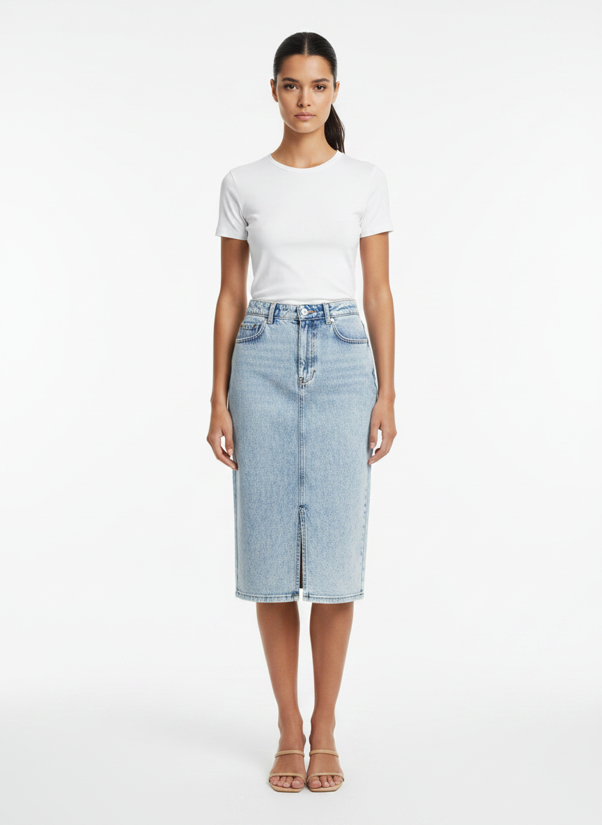 Saia Lápis Jeans Acid Wash Cintura Alta - DRESS TO / 38