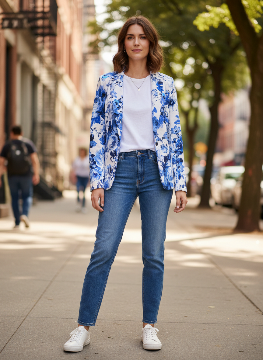 Blazer Floral Elegante Azul e Branco - COLLECTION / 40