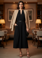 Vestido Midi Preto Gola V Confortável - BORDA BARROCA / GG