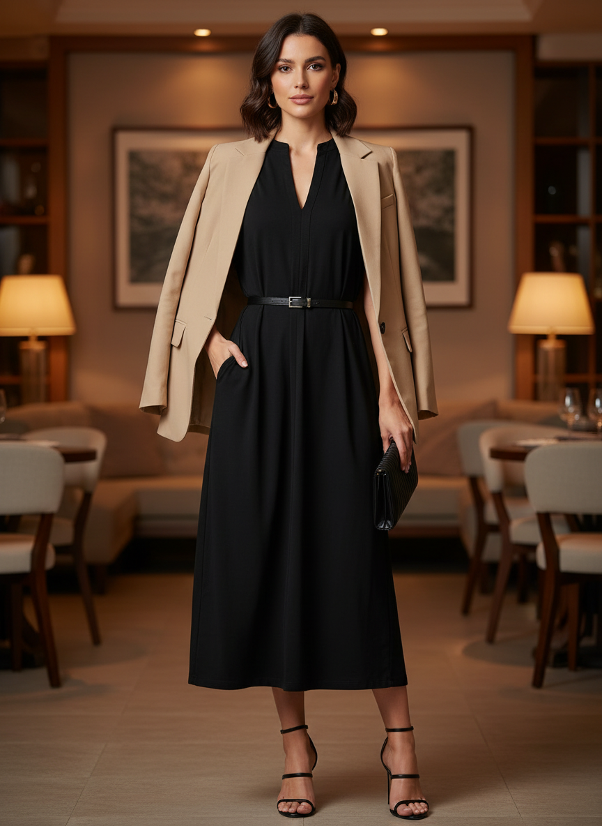 Vestido Midi Preto Gola V Confortável - BORDA BARROCA / GG