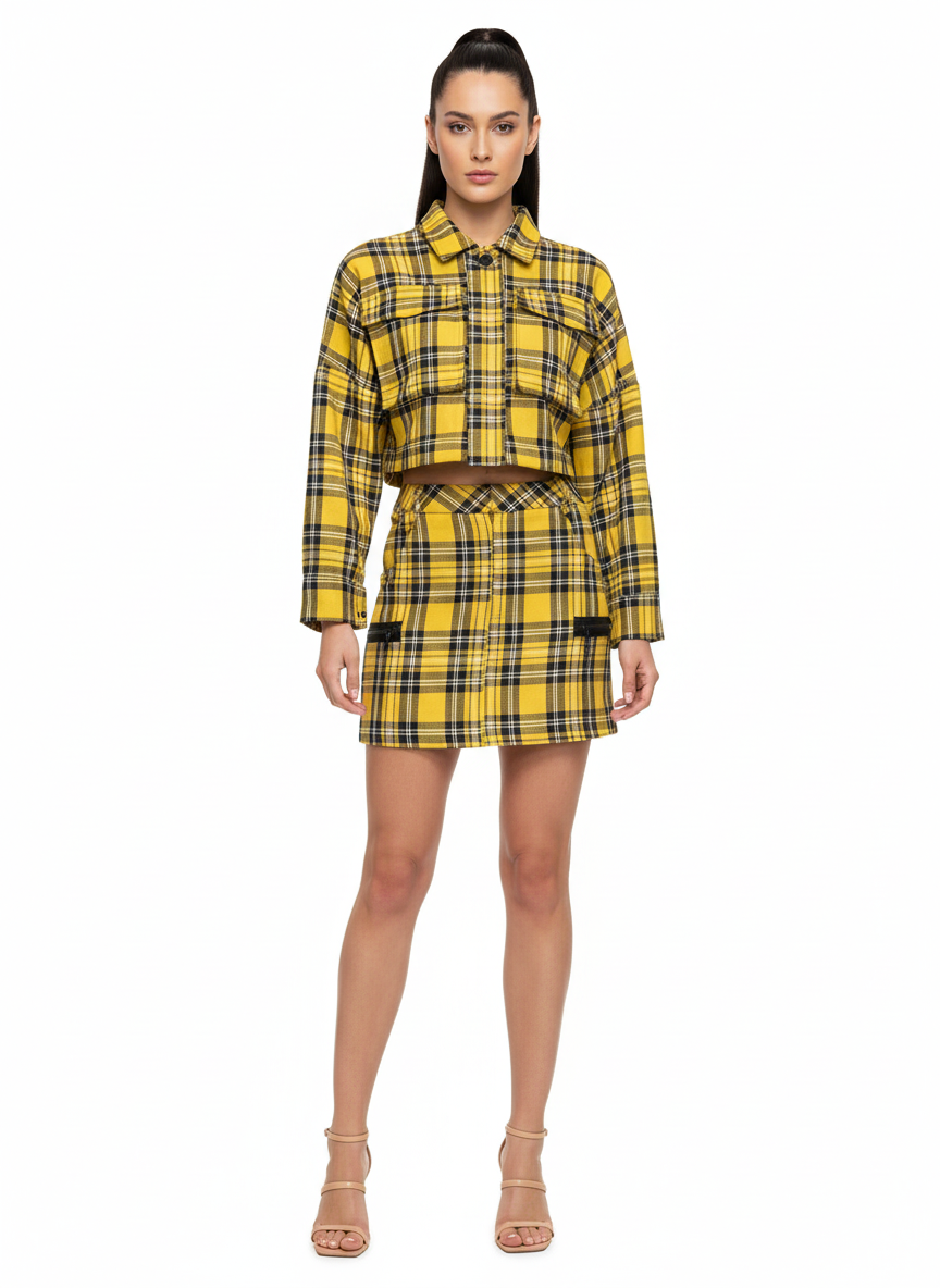 Conjunto Cropped Flanela Xadrez Escocês Amarelo e Preto - Skazi/P