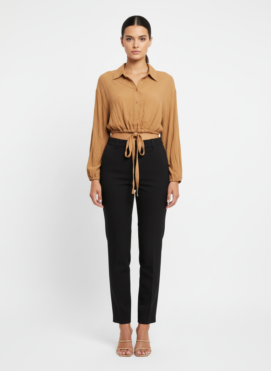 Blusa cropped manga longa bufante amarração cintura marrom - COLCCI | P