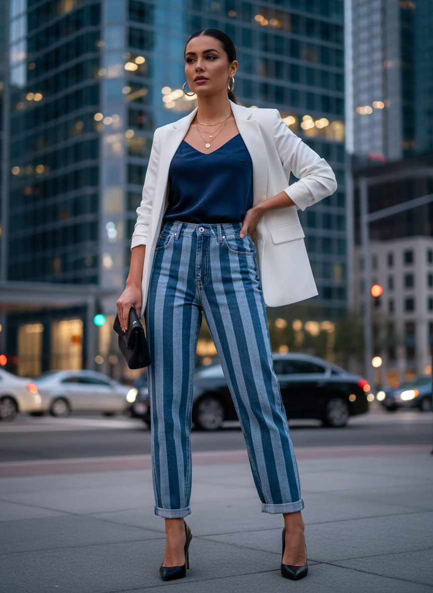 Calça Jeans Listrada Mom Fit - CANTÃO / 38